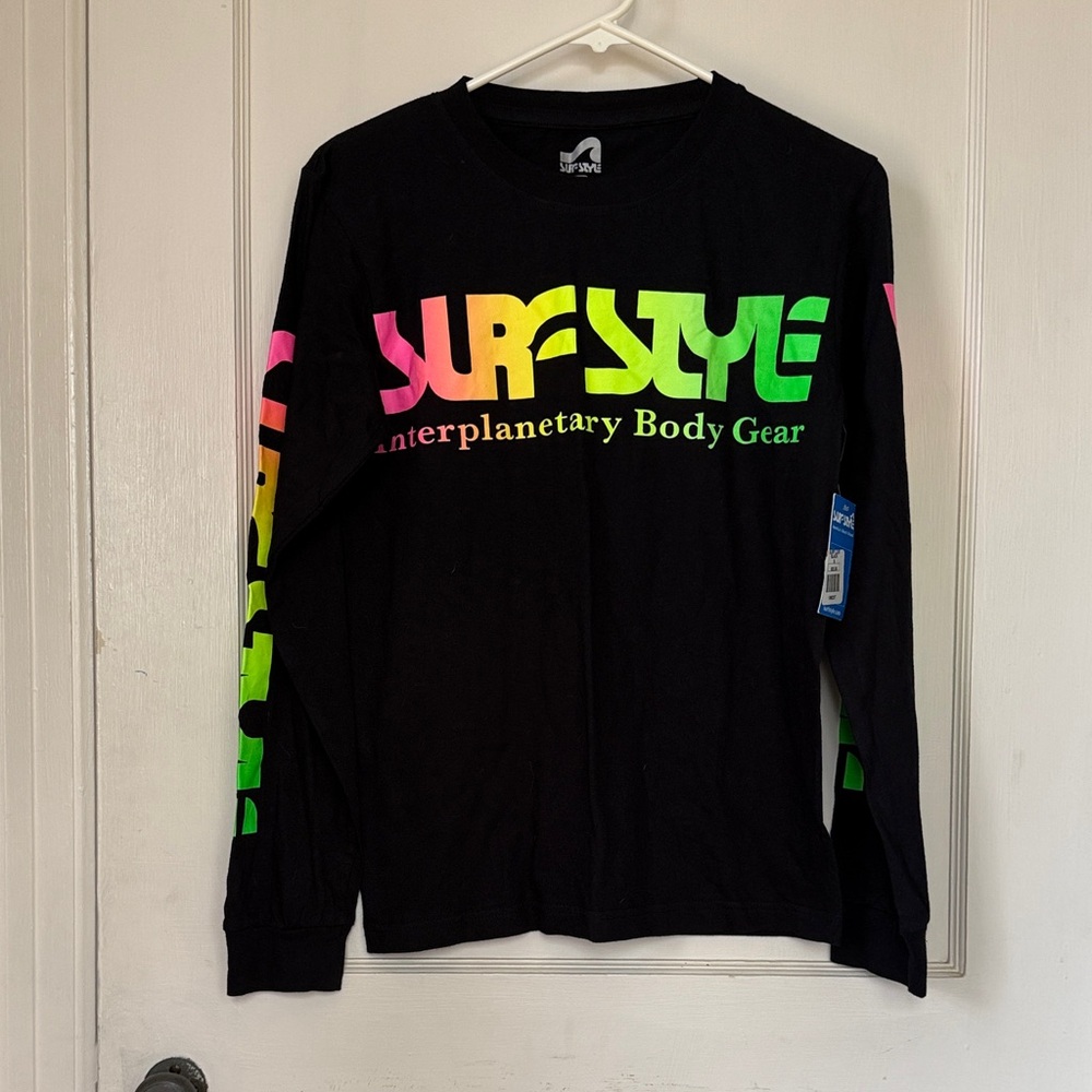 Surf Style Black Shirt with Neon Rainbow Graphics